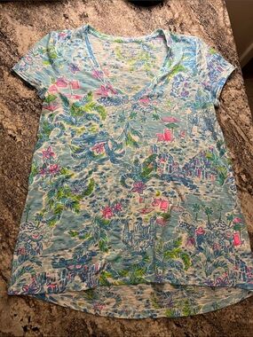 Lilly Pulitzer Blue Tropical V-Neck Tee with Pink & Green Accents
